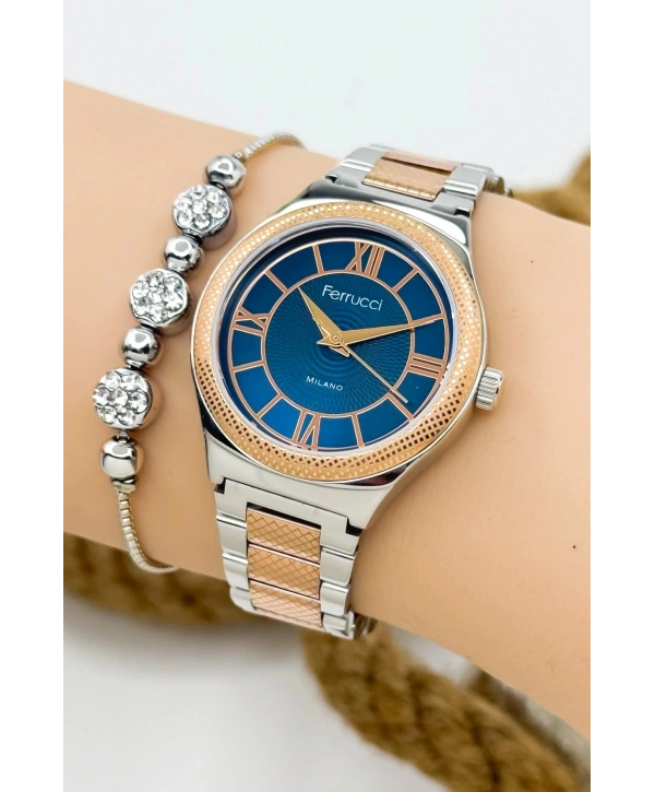 Kadın Kol Saati Gümüş-rose Renk Çelik Kordon Çelik Kasa Rose Gold-mavi Sdfer145