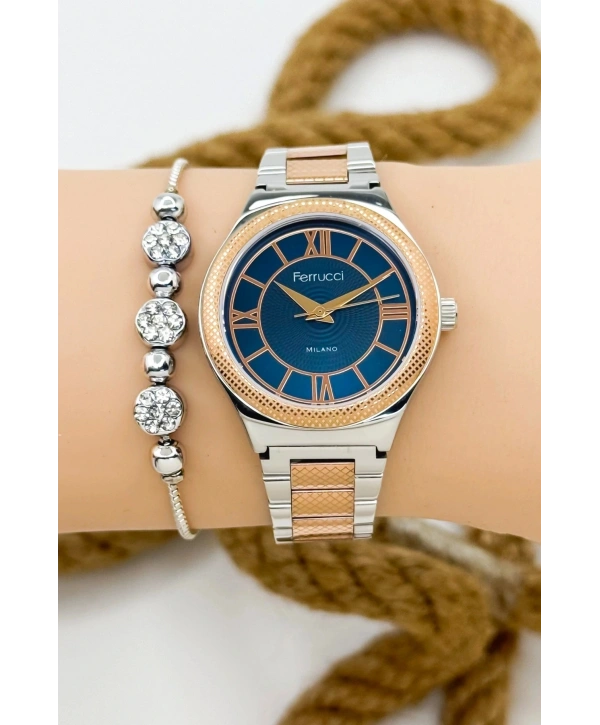 Kadın Kol Saati Gümüş-rose Renk Çelik Kordon Çelik Kasa Rose Gold-mavi Sdfer145