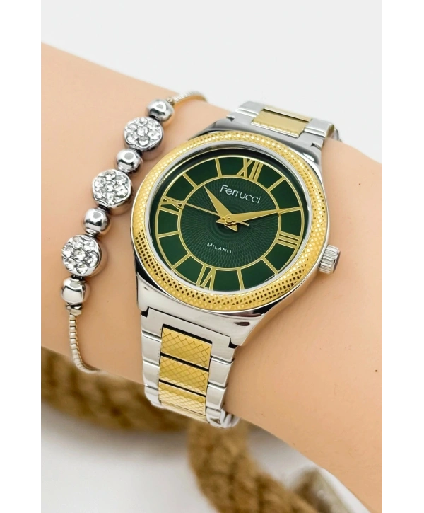 Kadın Kol Saati Gümüş-gold Renk Çelik Kordon Çelik Kasa Gold-gümüş-yeşil Sdfer145