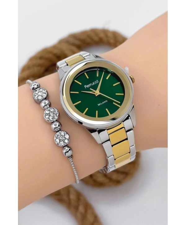 Kadın Kol Saati - Şık Çelik Kordon ve Kasa, Orijinal ve Garantili Gümüş-Gold-Yeşil sdfer147