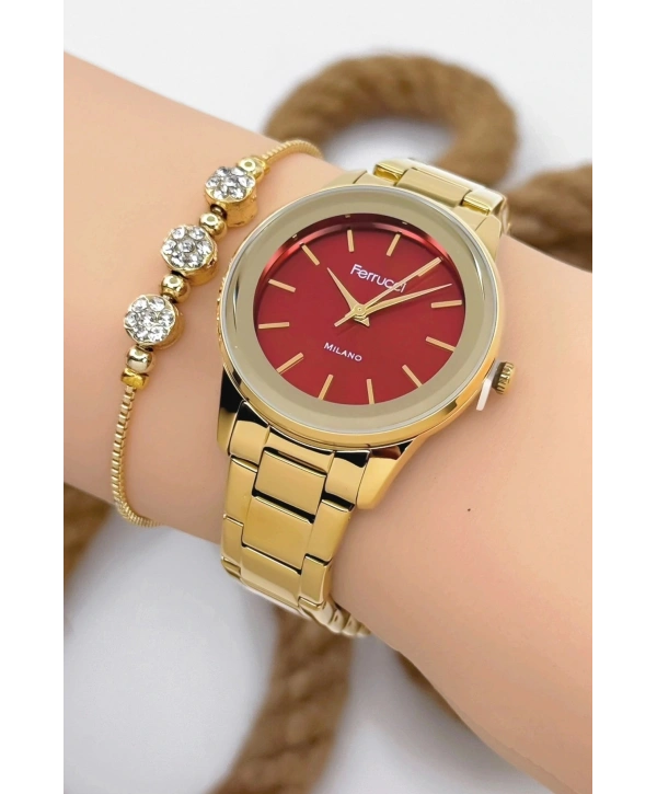 Kadın Kol Saati - Şık Çelik Kordon Ve Kasa, Orijinal Ve Garantili Gold-kırmızı Sdfer147