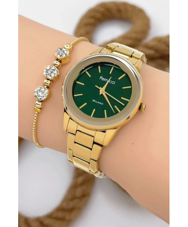 Kadın Kol Saati - Şık Çelik Kordon Ve Kasa, Orijinal Ve Garantili Gold-yeşil Sdfer147
