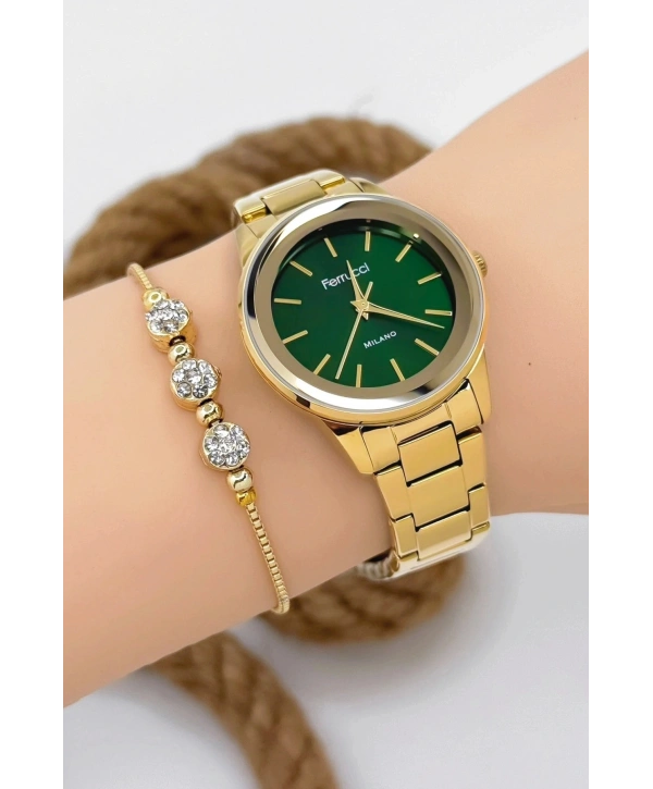 Kadın Kol Saati - Şık Çelik Kordon Ve Kasa, Orijinal Ve Garantili Gold-yeşil Sdfer147