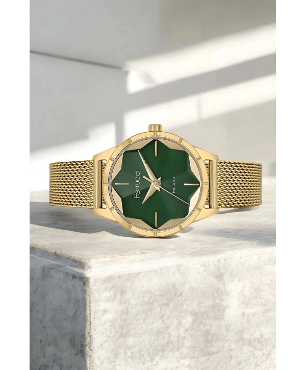 Şık Çelik Kasa Ve Hasır Kordon, Kadın Kol Saati, Orijinal Ve Garantili Gold-yeşil Sdfer148