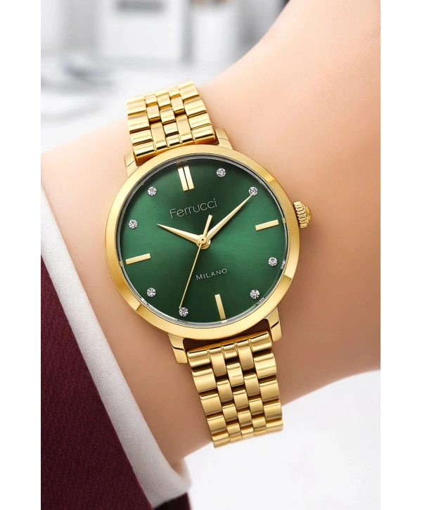 Çelik Kordon & Şık Tasarım, Kadın Kol Saati, 3ATM Suya Dayanıklı Gold-Yeşil sdfer154