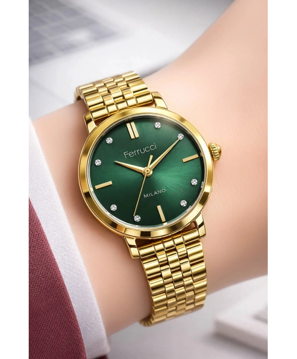 Çelik Kordon & Şık Tasarım, Kadın Kol Saati, 3ATM Suya Dayanıklı Gold-Yeşil sdfer154