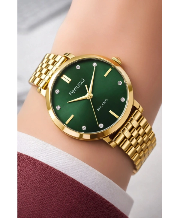 Çelik Kordon & Şık Tasarım, Kadın Kol Saati, 3ATM Suya Dayanıklı Gold-Yeşil sdfer154