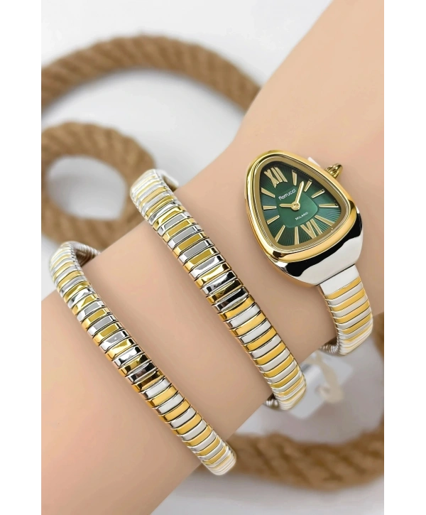 Çelik Kordon Yılan Model , Kadın Kol Saati, 3ATM Suya Dayanıklı Gold-Gümüş-Yeşil sdfer155