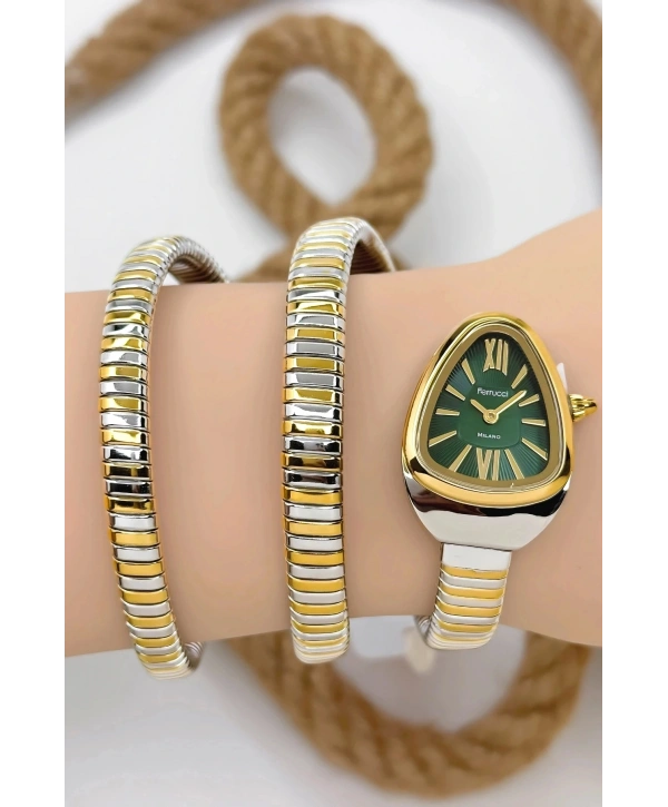 Çelik Kordon Yılan Model , Kadın Kol Saati, 3ATM Suya Dayanıklı Gold-Gümüş-Yeşil sdfer155