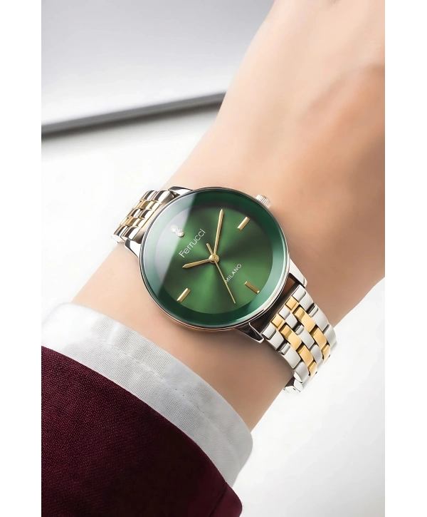 Çelik Kordon & Özel Tasarım, Kadın Kol Saati, 3atm Suya Dayanıklı Gold-gümüş-yeşil Sdfer156