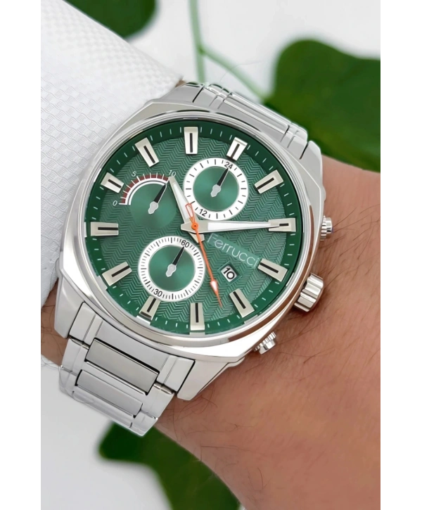 Ferrucci Takvimli3atm Suya Dayanıklı Erkek Kol Saati, Çelik Kordon & Özel Tasarım, Gümüş-yeşil Sdfer160