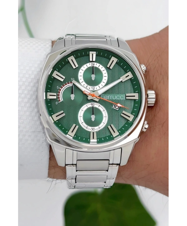 Ferrucci Takvimli3atm Suya Dayanıklı Erkek Kol Saati, Çelik Kordon & Özel Tasarım, Gümüş-yeşil Sdfer160