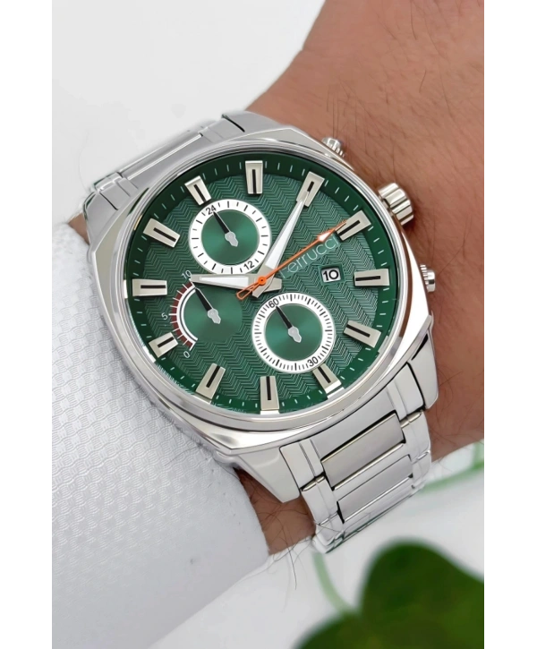 Ferrucci Takvimli3atm Suya Dayanıklı Erkek Kol Saati, Çelik Kordon & Özel Tasarım, Gümüş-yeşil Sdfer160