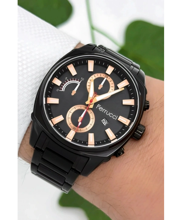 Ferrucci Takvimli3atm Suya Dayanıklı Erkek Kol Saati, Çelik Kordon & Özel Tasarım, Siyah Sdfer160