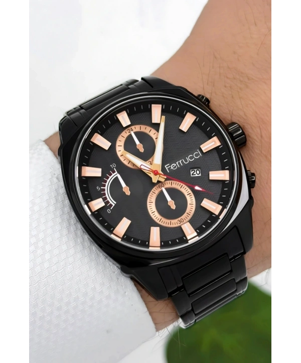 Ferrucci Takvimli3atm Suya Dayanıklı Erkek Kol Saati, Çelik Kordon & Özel Tasarım, Siyah Sdfer160