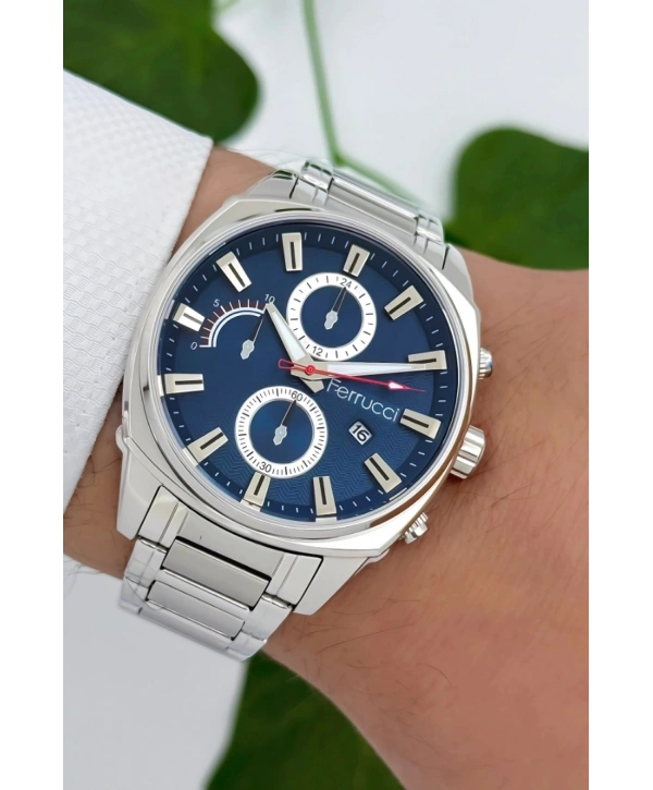 Ferrucci Takvimli3atm Suya Dayanıklı Erkek Kol Saati, Çelik Kordon & Özel Tasarım, Gümüş-mavi Sdfer160