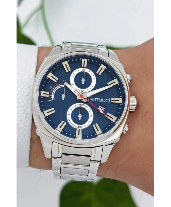 Ferrucci Takvimli3atm Suya Dayanıklı Erkek Kol Saati, Çelik Kordon & Özel Tasarım, Gümüş-mavi Sdfer160