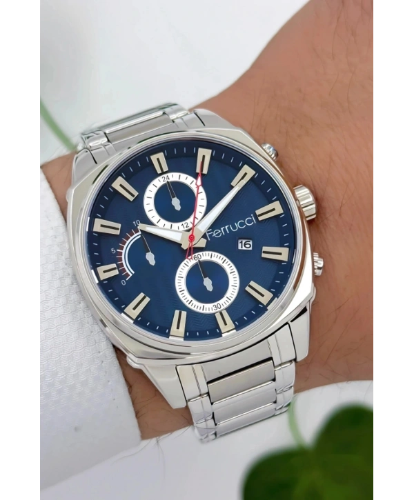 Ferrucci Takvimli3atm Suya Dayanıklı Erkek Kol Saati, Çelik Kordon & Özel Tasarım, Gümüş-mavi Sdfer160
