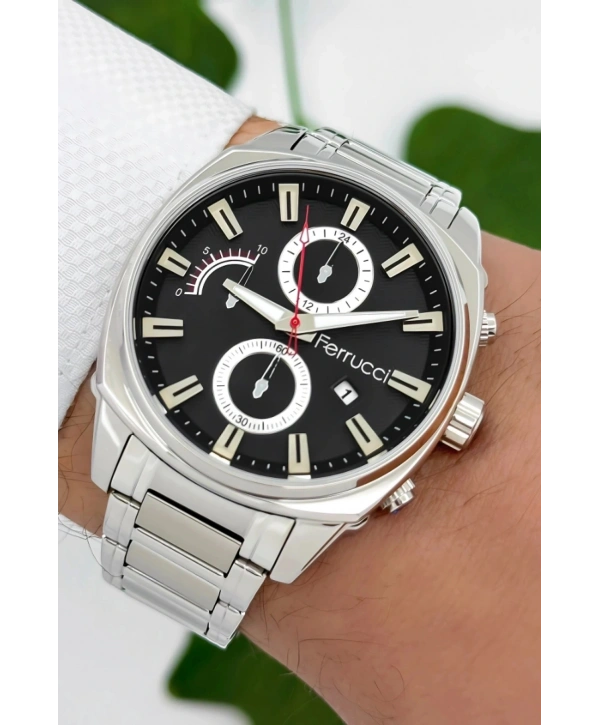 Ferrucci Takvimli 3atm Suya Dayanıklı Erkek Kol Saati, Çelik Kordon & Özel Tasarım, Gümüş-siyah Sdfer160