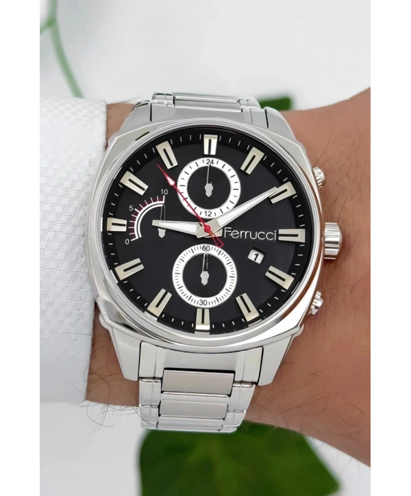 Ferrucci Takvimli 3atm Suya Dayanıklı Erkek Kol Saati, Çelik Kordon & Özel Tasarım, Gümüş-siyah Sdfer160