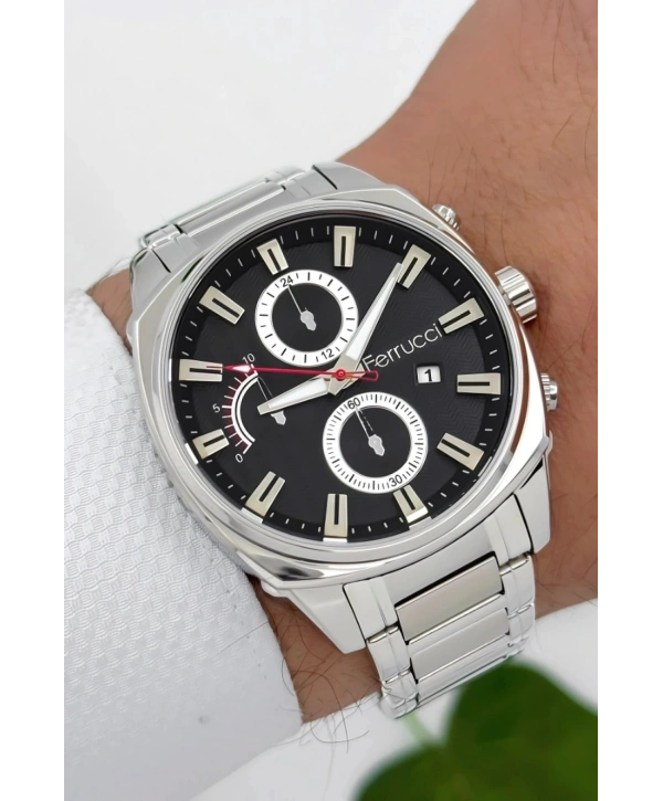 Ferrucci Takvimli 3atm Suya Dayanıklı Erkek Kol Saati, Çelik Kordon & Özel Tasarım, Gümüş-siyah Sdfer160