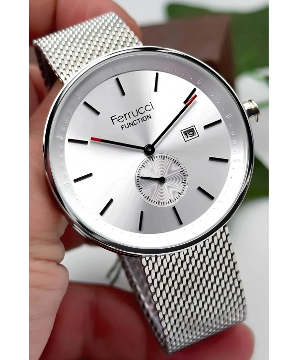 Ferrucci Takvimli 3atm Suya Dayanıklı Erkek Kol Saati, Çelik Kordon & Özel Tasarım, Gümüş Sdfer161