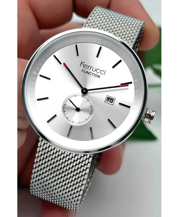 Ferrucci Takvimli 3atm Suya Dayanıklı Erkek Kol Saati, Çelik Kordon & Özel Tasarım, Gümüş Sdfer161