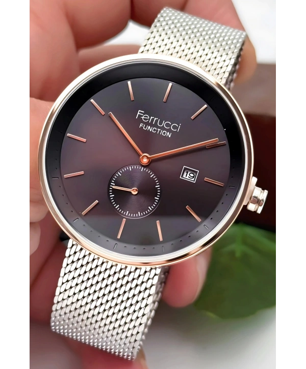 Ferrucci Takvimli 3atm Suya Dayanıklı Erkek Kol Saati, Çelik Kordon & Özel Tasarım, Gümüş-siyah Sdfer161