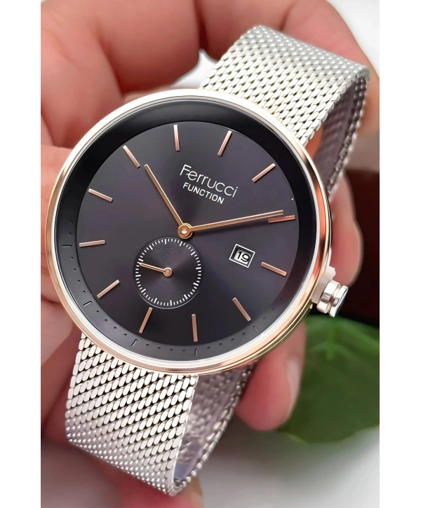 Ferrucci Takvimli 3atm Suya Dayanıklı Erkek Kol Saati, Çelik Kordon & Özel Tasarım, Gümüş-siyah Sdfer161