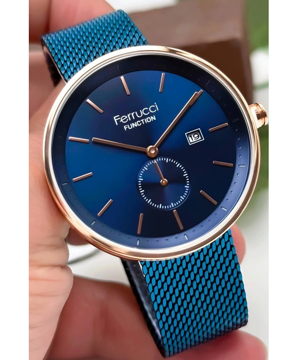 Ferrucci Takvimli 3atm Suya Dayanıklı Erkek Kol Saati, Çelik Kordon & Özel Tasarım, Lacivert Sdfer161