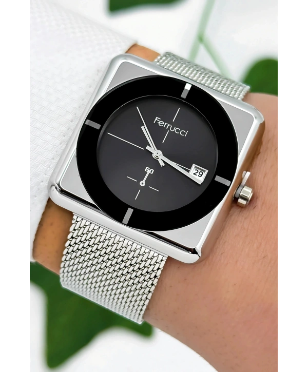 Ferrucci Takvimli Çelik Kordon & Özel Tasarım, 3atm Suya Dayanıklı Erkek Kol Saati, Gümüş-siyah Sdfer162