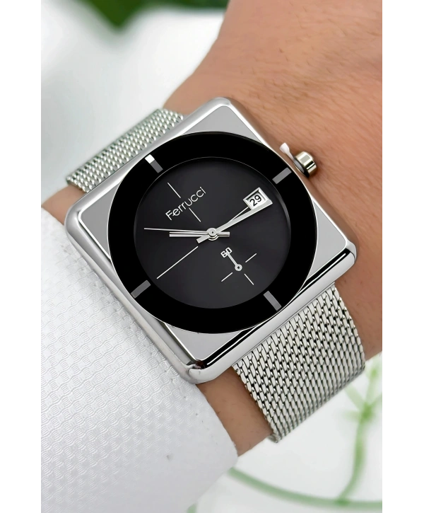Ferrucci Takvimli Çelik Kordon & Özel Tasarım, 3atm Suya Dayanıklı Erkek Kol Saati, Gümüş-siyah Sdfer162