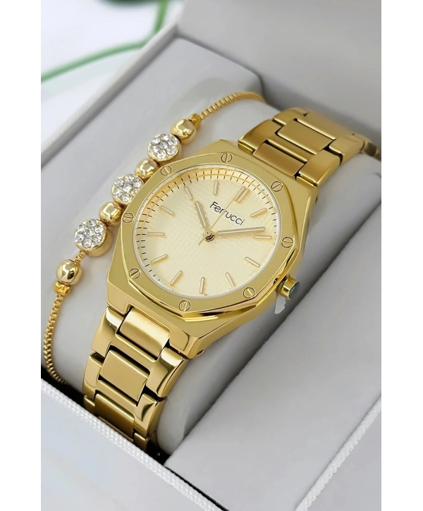 Çelik Kordon & Kasa Kadın Kol Saati, 3atm Suya Dayanıklı Gold Sdfer174