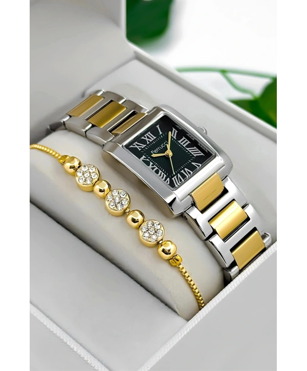 Çelik Kordon & Kasa Kadın Kol Saati, 3atm Suya Dayanıklı Gümüş-gold-yeşil Sdfer176