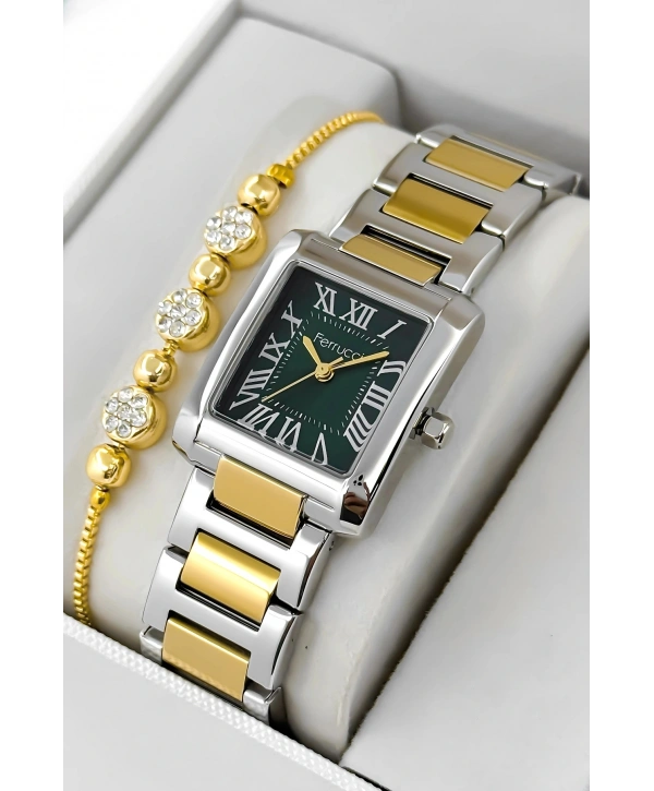 Çelik Kordon & Kasa Kadın Kol Saati, 3atm Suya Dayanıklı Gümüş-gold-yeşil Sdfer176