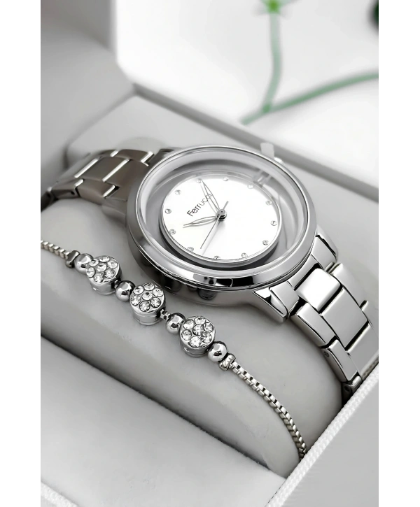 Çelik Kordon & Kasa Kadın Kol Saati, Şeffaf Arka Cam Kapak Gümüş Sdfer180