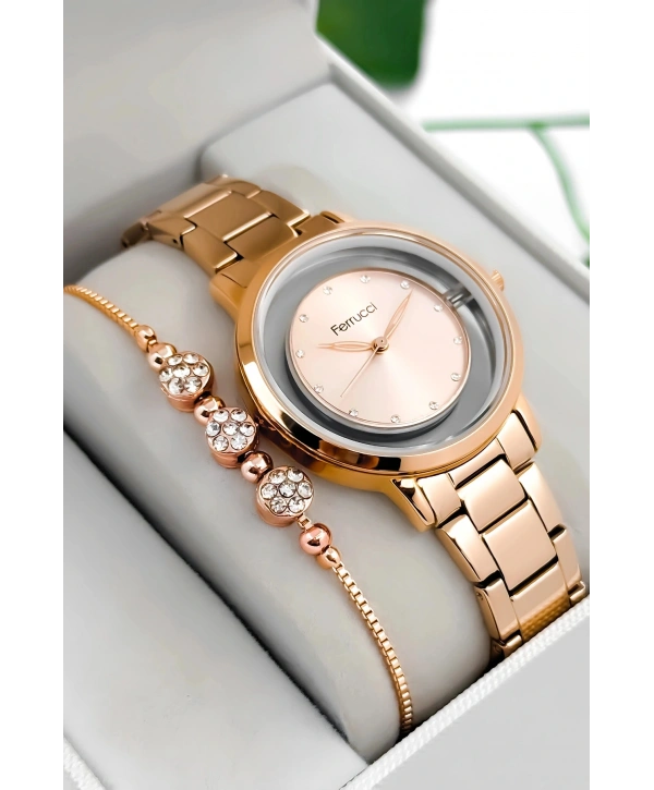 Çelik Kordon & Kasa Kadın Kol Saati, Şeffaf Arka Cam Kapak Rose Sdfer180