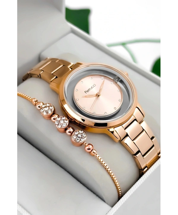 Çelik Kordon & Kasa Kadın Kol Saati, Şeffaf Arka Cam Kapak Rose Sdfer180