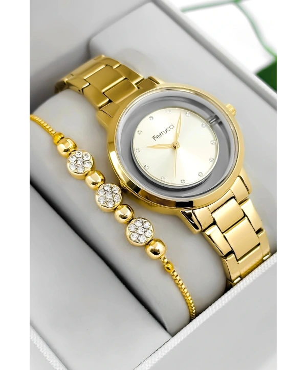 Çelik Kordon & Kasa Kadın Kol Saati, Şeffaf Arka Cam Kapak Gold Sdfer180