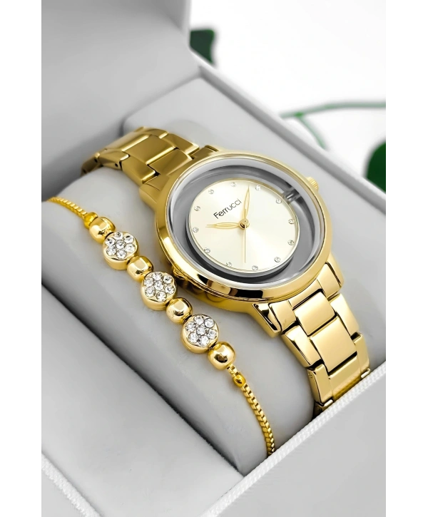 Çelik Kordon & Kasa Kadın Kol Saati, Şeffaf Arka Cam Kapak Gold Sdfer180