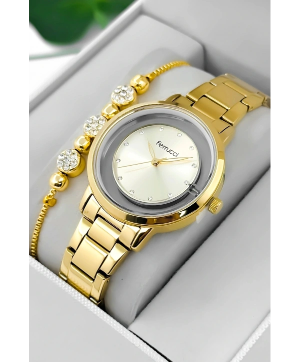 Çelik Kordon & Kasa Kadın Kol Saati, Şeffaf Arka Cam Kapak Gold Sdfer180