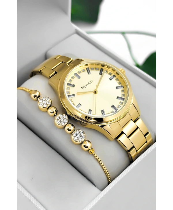 Çelik Kordon & Kasa Kadın Kol Saati, Taş Detaylı Kadran Gold Sdfer181