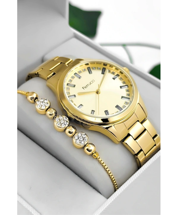 Çelik Kordon & Kasa Kadın Kol Saati, Taş Detaylı Kadran Gold Sdfer181