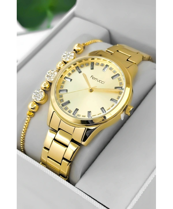 Çelik Kordon & Kasa Kadın Kol Saati, Taş Detaylı Kadran Gold Sdfer181