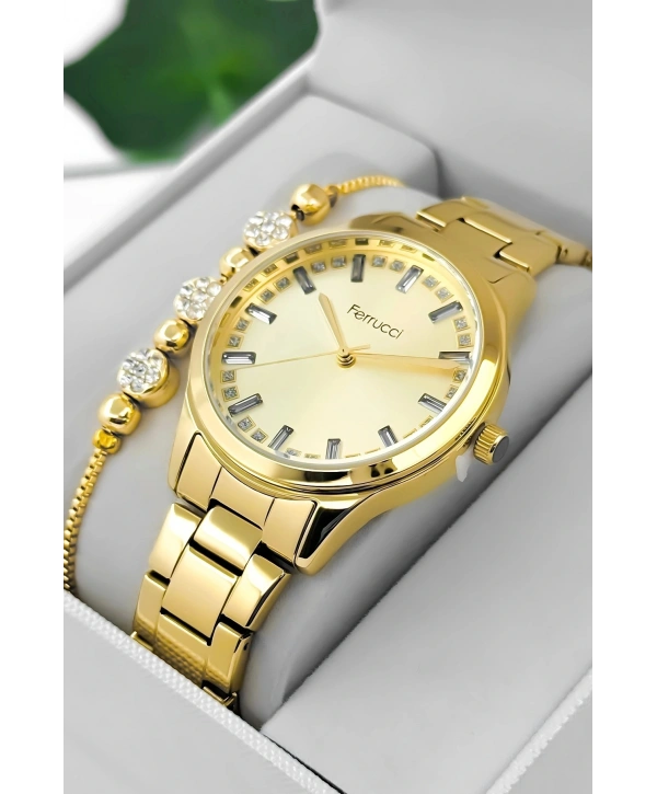 Çelik Kordon & Kasa Kadın Kol Saati, Taş Detaylı Kadran Gold Sdfer181