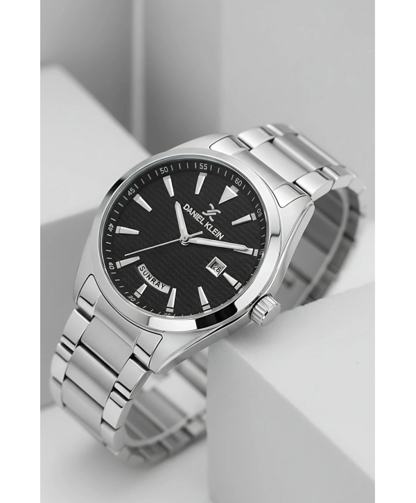 Takvimli Çelik Kordon Erkek Kol Saati Bileklik Hediyeli Gümüş-Siyah sddk096