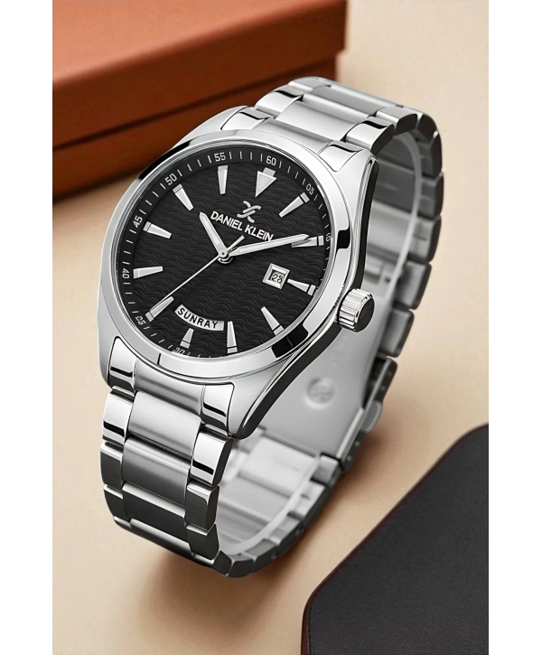 Takvimli Çelik Kordon Erkek Kol Saati Bileklik Hediyeli Gümüş-Siyah sddk096