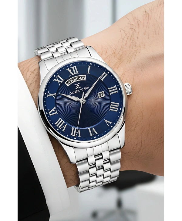 Çelik Kordon Takvimli Erkek Kol Saati Bileklik Hediyeli Gümüş-Mavi sddk097