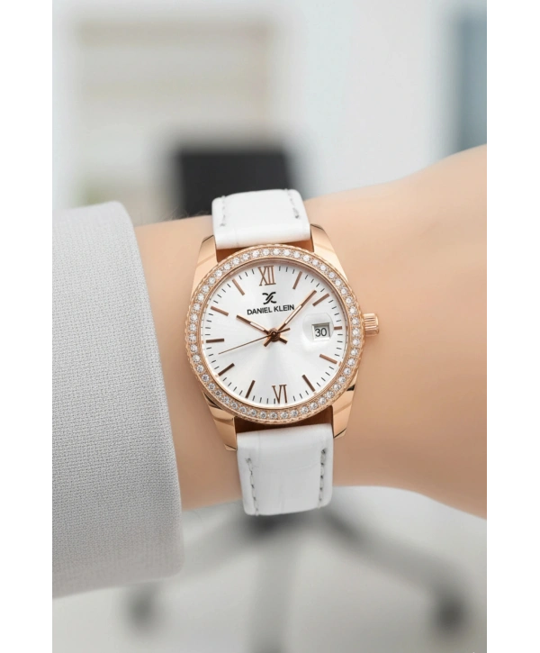 Deri Kordon Çelik Kasa Kadın Kol Saati+Bileklik Hediyeli Beyaz-Rose sddk107