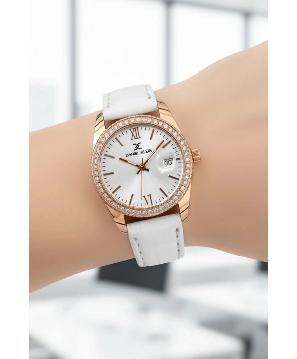 Deri Kordon Çelik Kasa Kadın Kol Saati+Bileklik Hediyeli Beyaz-Rose sddk107